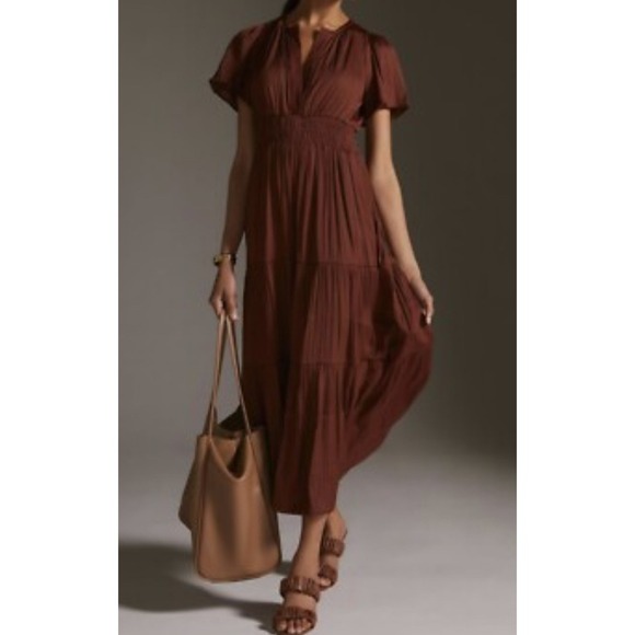 Anthropologie The Somerset Maxi Dress Rust Brown Tiered Short Sleeve Women's XS - Picture 1 of 5